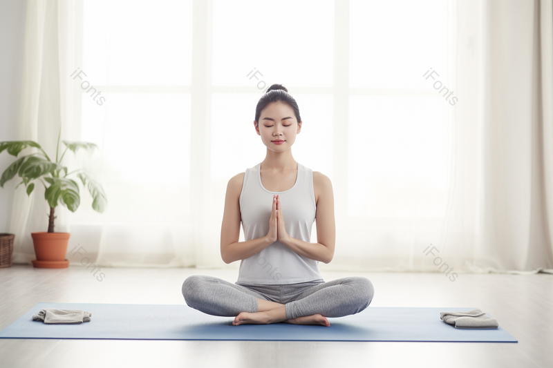 女性瑜伽瘦身室内场景盘腿坐在瑜伽垫上冥想图像摄影,高清,摄影图,摄影图片,图片大全,摄影图免费下载